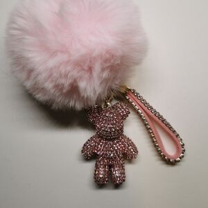 Pink Fluffy Pom Pom Keychain with Rhinestone Bear